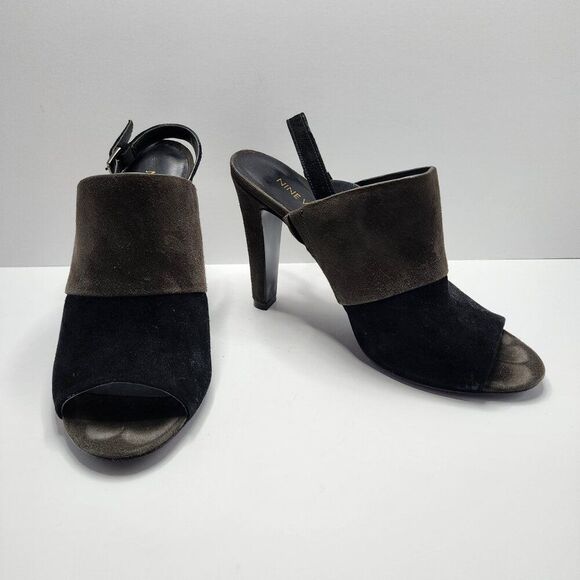 Nine West Suede Peep Toe Heel | Size 7.5 Black Gray Slingback | 4" Heel - Picture 1 of 7